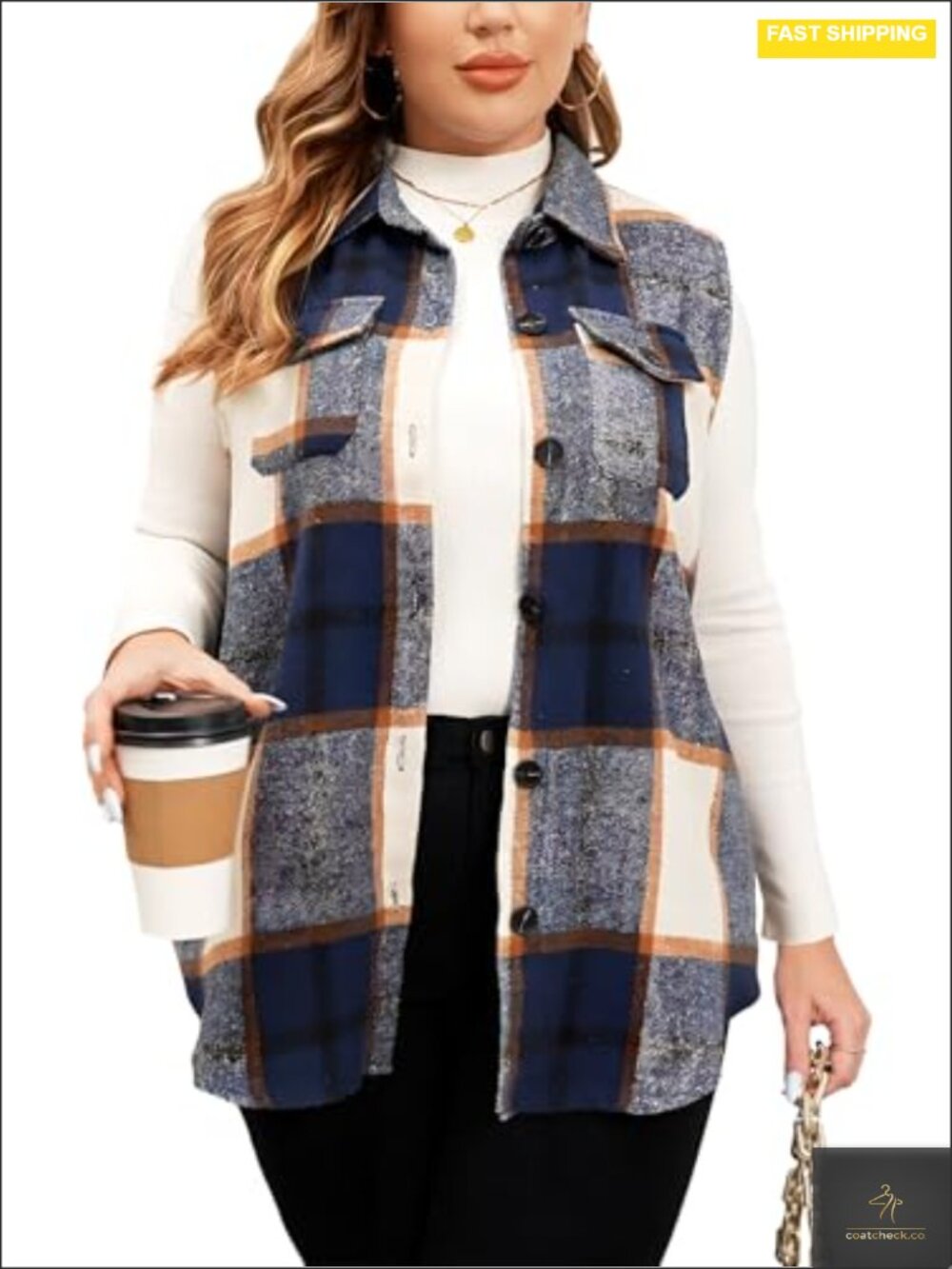 Plus Size Flannel Plaid Long Vest Button Down Sleeveless Jacket Shacket